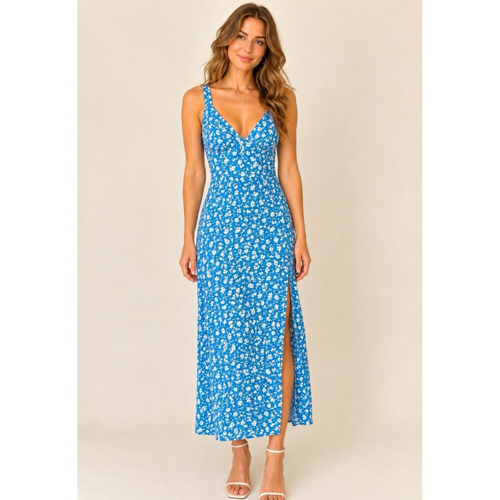 Reformation Lynda slip Dress Blue White Floral V-Neck Midi Regular S cottage